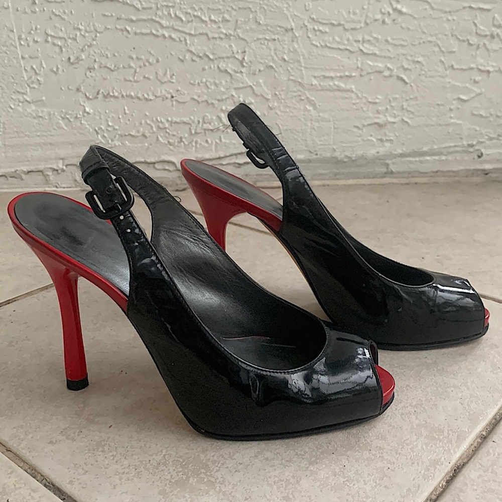 Stuart Weitzman Black & Red Patent Leather Peep-toe Platform Slingback